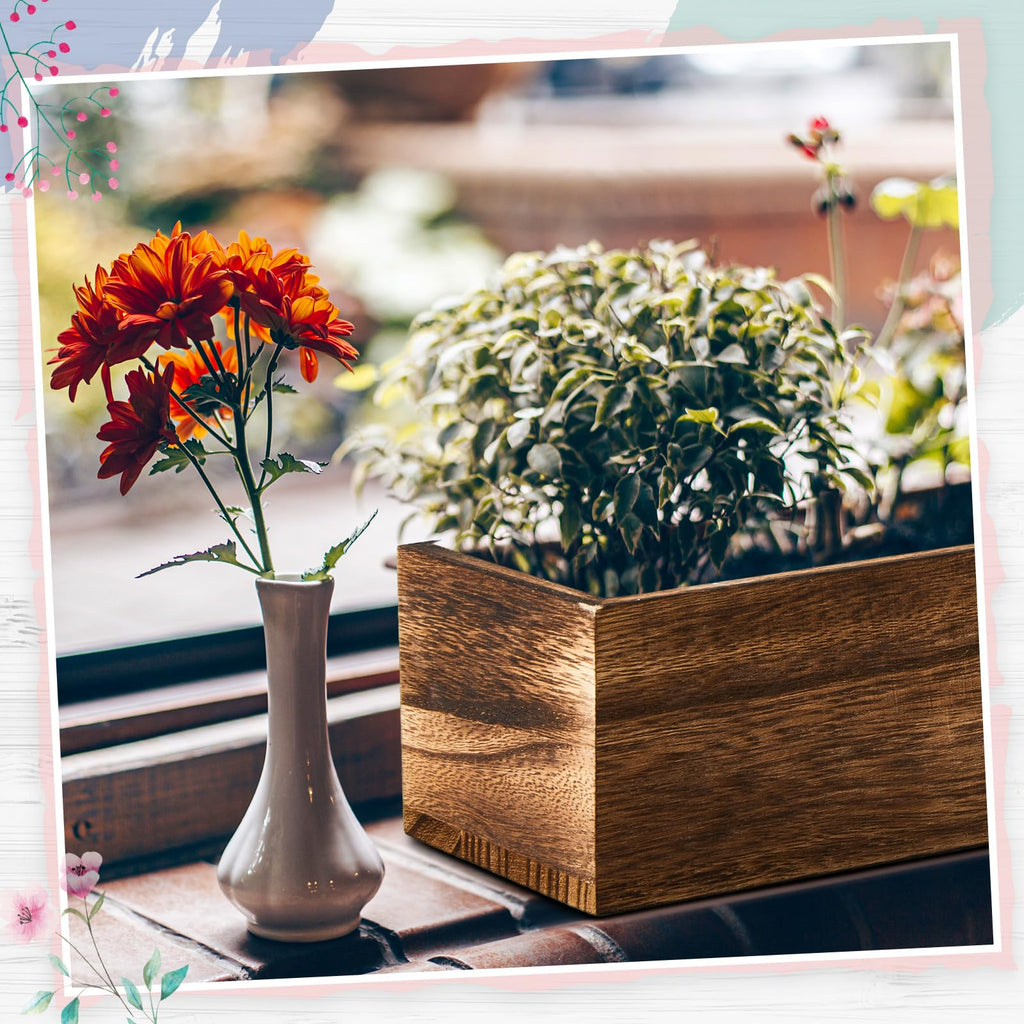 6 Set Wood Rectangle Boxes 16x4 Inch Rustic Planter with Liner