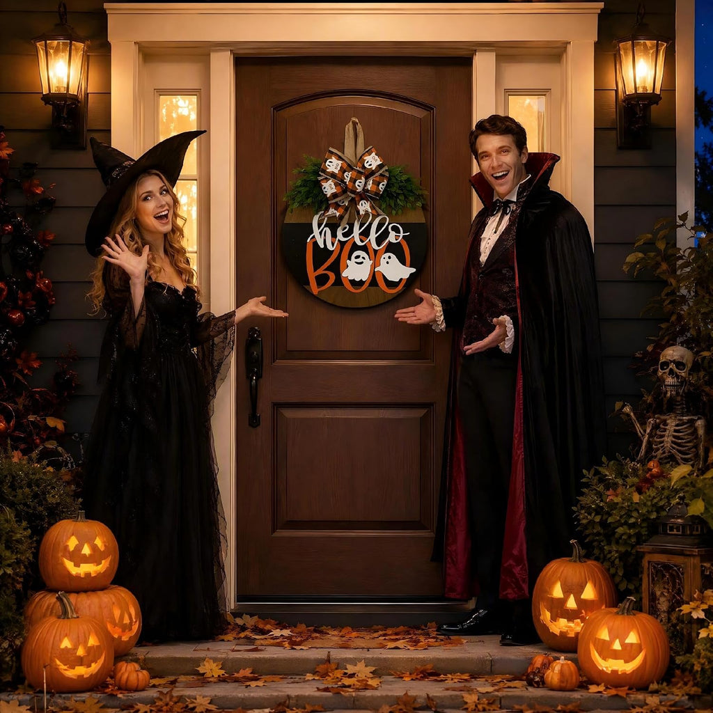 Halloween Wreaths for Front Door, Cute Ghost Wreath with Bow Decor