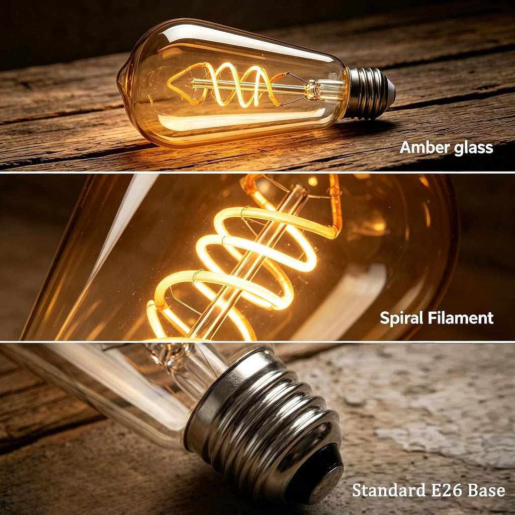 6W ST64 LED Edison Bulbs 60 Watt Equivalent, E26 Amber Glass 2500K Dimmable