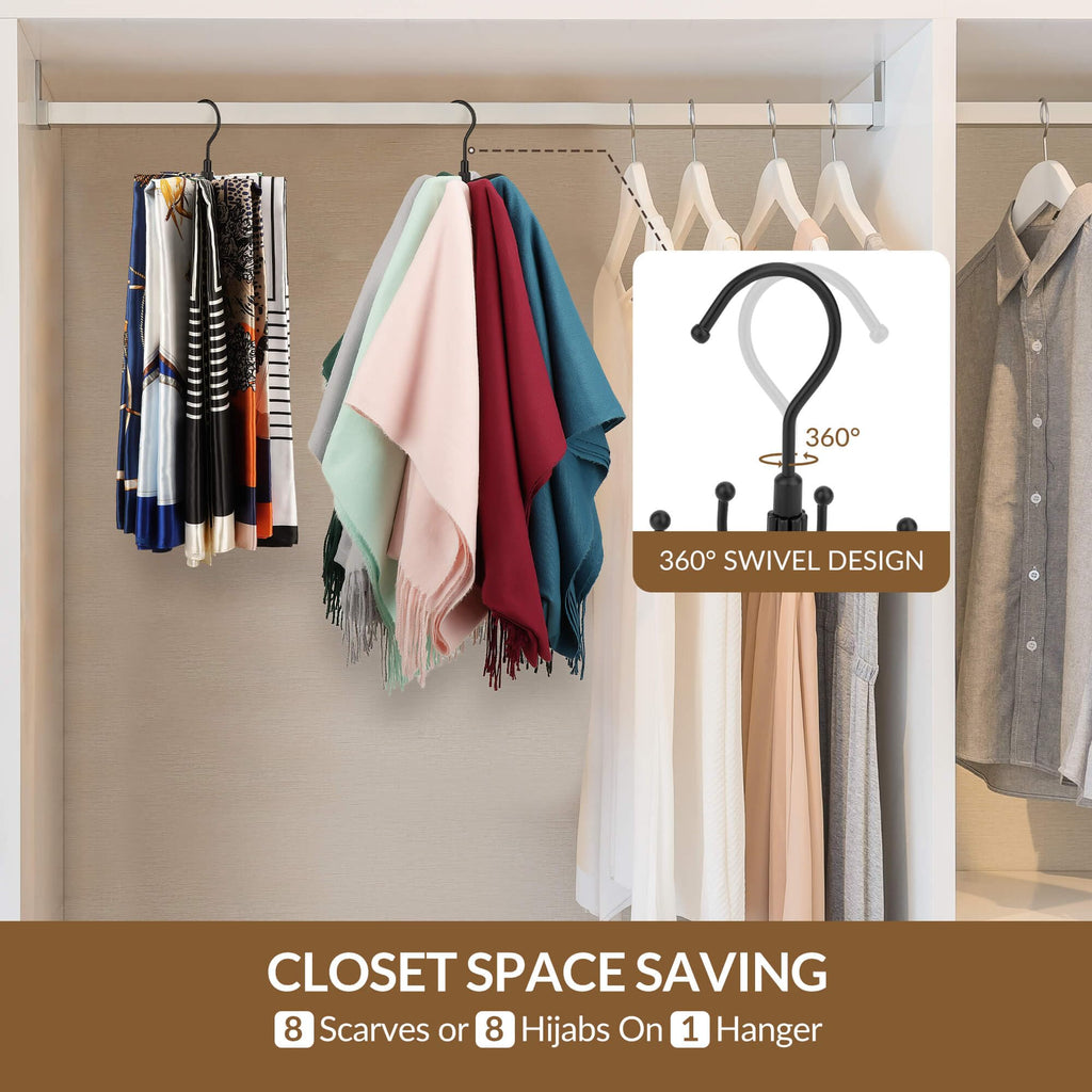 2 Pack Scarf Organizer Scarf Hanger for Closet, Rotatable Sturdy Hijab Holder Holds 16 Scarves, Metal Space Saving