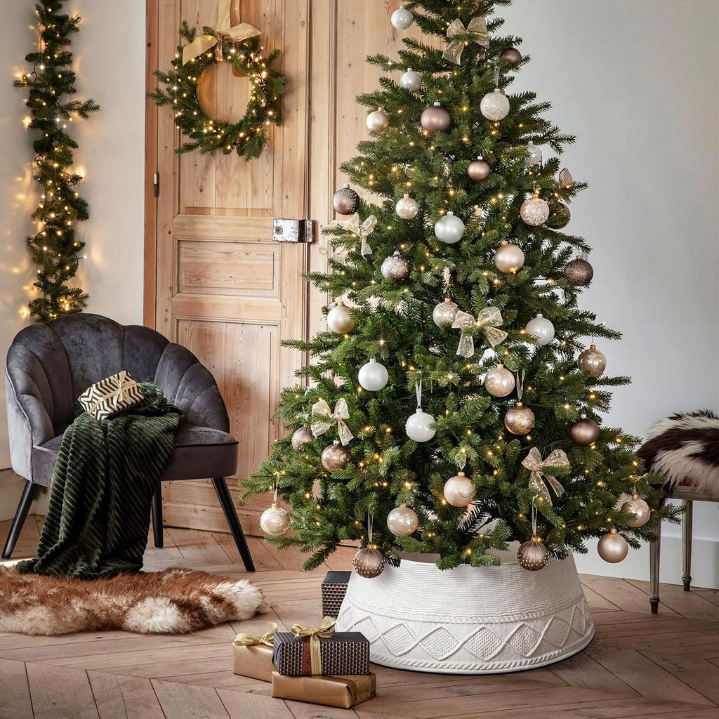 Knit Christmas Tree Collar White 30 Inches Ivory Tree Skirt Ring Tree Basket Plastics Sheets with Collar Cover