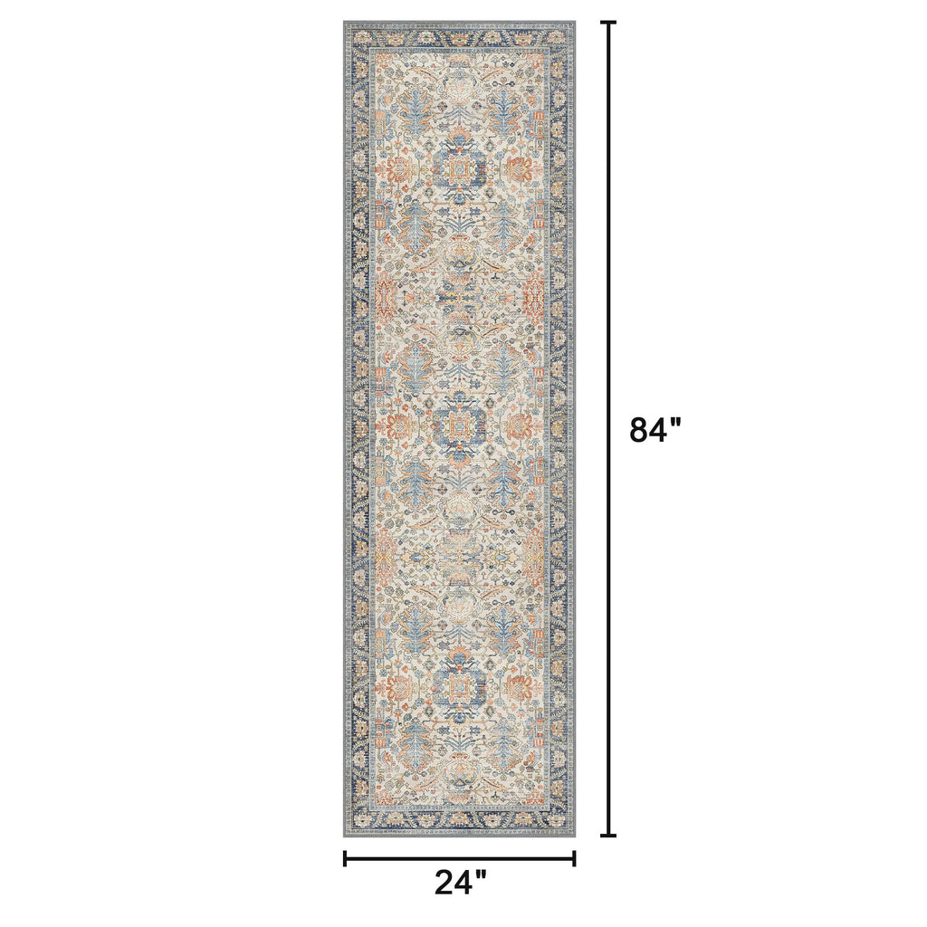 2x7 Hallway Runner Rug Non Slip, Washable Boho Tumble Cream Blue Rug