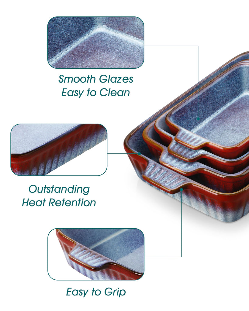 Ceramic Casserole Dishes for Oven, Reactive Glaze Baking Dishes Set of 4, Deep Rectangular Lasagna Pans with Handles