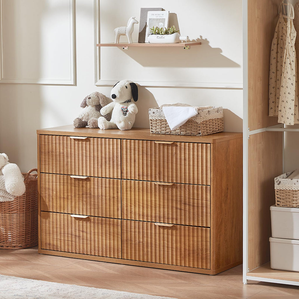Fluted 6 Drawers, 48" Wide Farmhouse Chest of Drawers with Metal Handle, Curved Profile Modern Closet Organizer Wood