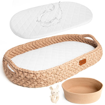 Handmade Baby Changing Basket Set with a Soft Changing Pad and Waterproof Cover, Diaper Organizer, Rattle Shaker, Moses
