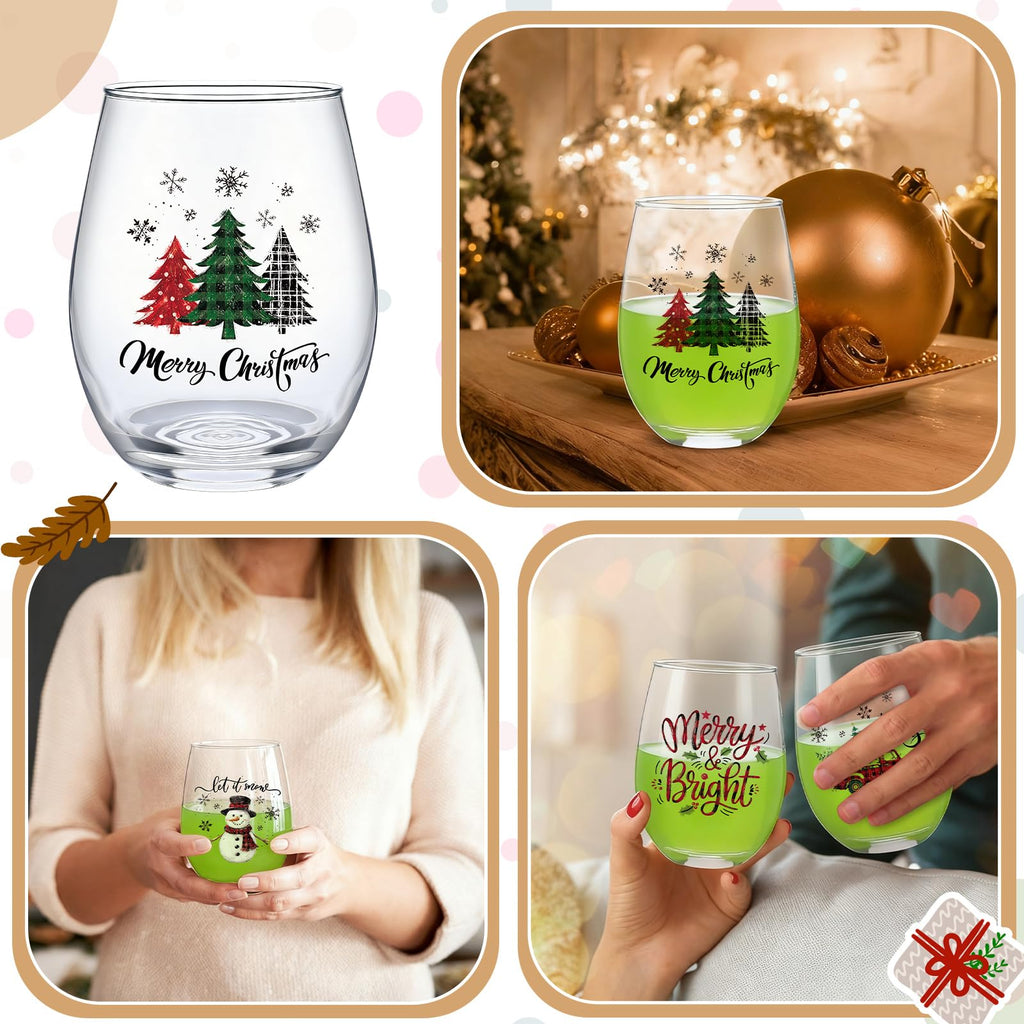 4 Pcs Christmas Stemless Wine Glasses 18oz Cups, Tree Snowman