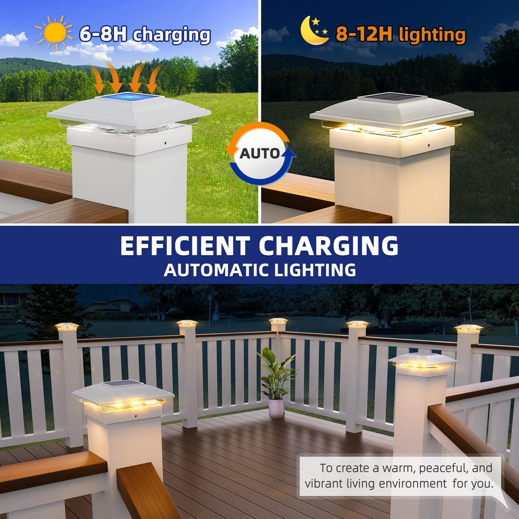 Solar Post Cap Lights - 12 Pack Outdoor Waterproof for 4x4, 5x5, 6x6 Posts, 2 Modes Warm/Cool Light, Solar Powered