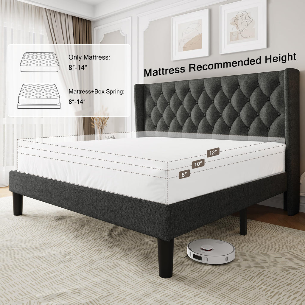 King Size Platform Bed Frame with Upholstered Wingback Headboard, 12" Under Bed Space, Wooden & Metal Slats Support