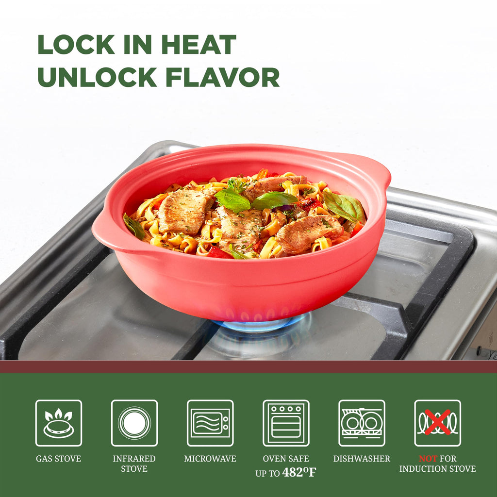 2-Qt Porcelain Dutch Oven with Lid - Lead & Cadmium Free, Oven Safe to 482°F, Heat Retention, Clay Pot for Cooking on