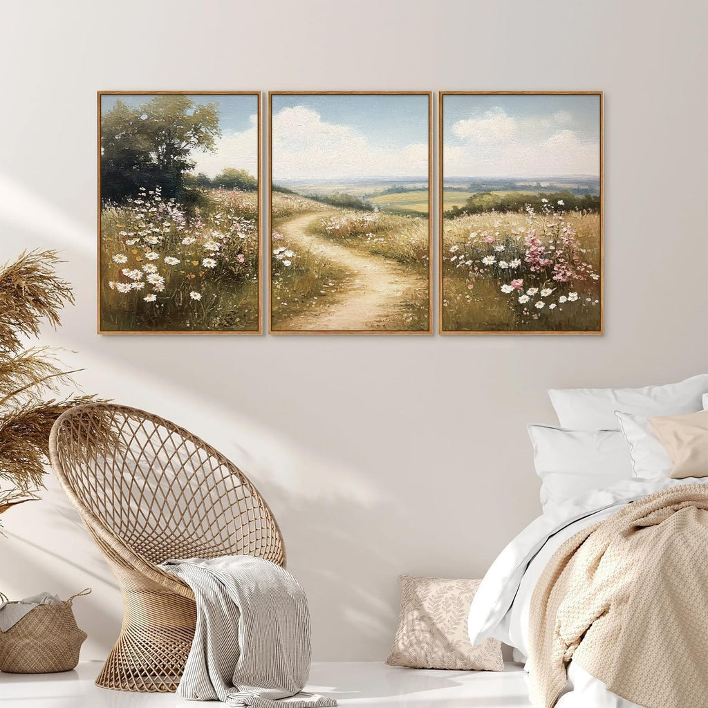 Rustic French Country Framed Canvas Wall Art, Vintage Flower Field Wall Decor, Calming Nature Landscape Art