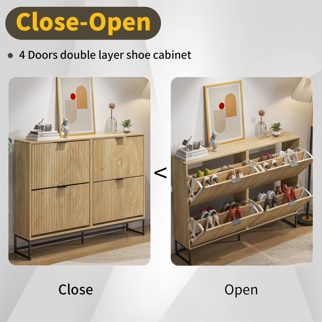 Shoe Cabinet Storage Slim Modern Shoe Rack Cabinet with 4 Flip Drawers Tipping Wooden Narrow Shoe Cabinet