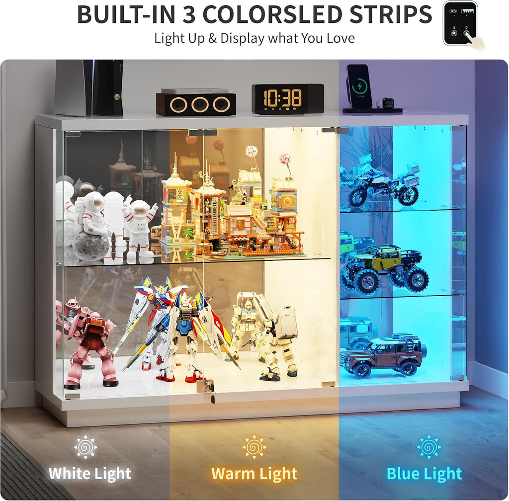Lockable Display Cabinet with Glass Doors and LED Lights,White | 47.2" W Lighted Glass Display Cabinet with Glass