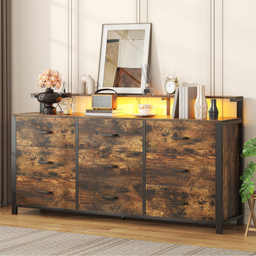 63'' Rustic Brown, 9 Drawer with Power Outlet and Led Lights, Bedroom Furniture with Wooden Drawer and Metal Frame