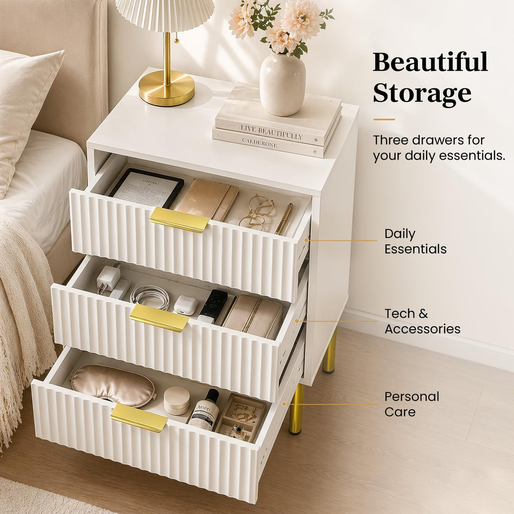 White and Gold Nightstand, 24" Tall Fluted Bedside Table, 3 Drawers