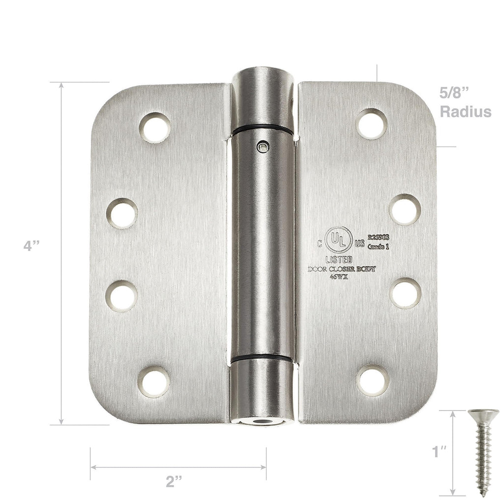 2 Pack) Heavy-Duty 4" Self-Closing Spring Door Hinge with 5/8" Radius Corners, UL Listed - Satin Nickel