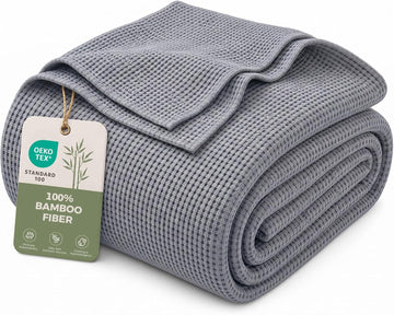 100% Bamboo Rayon Waffle Blanket Twin Size, 60x80 Inch, Blue Gray | Super Soft, Breathable, Lightweight Blanket for