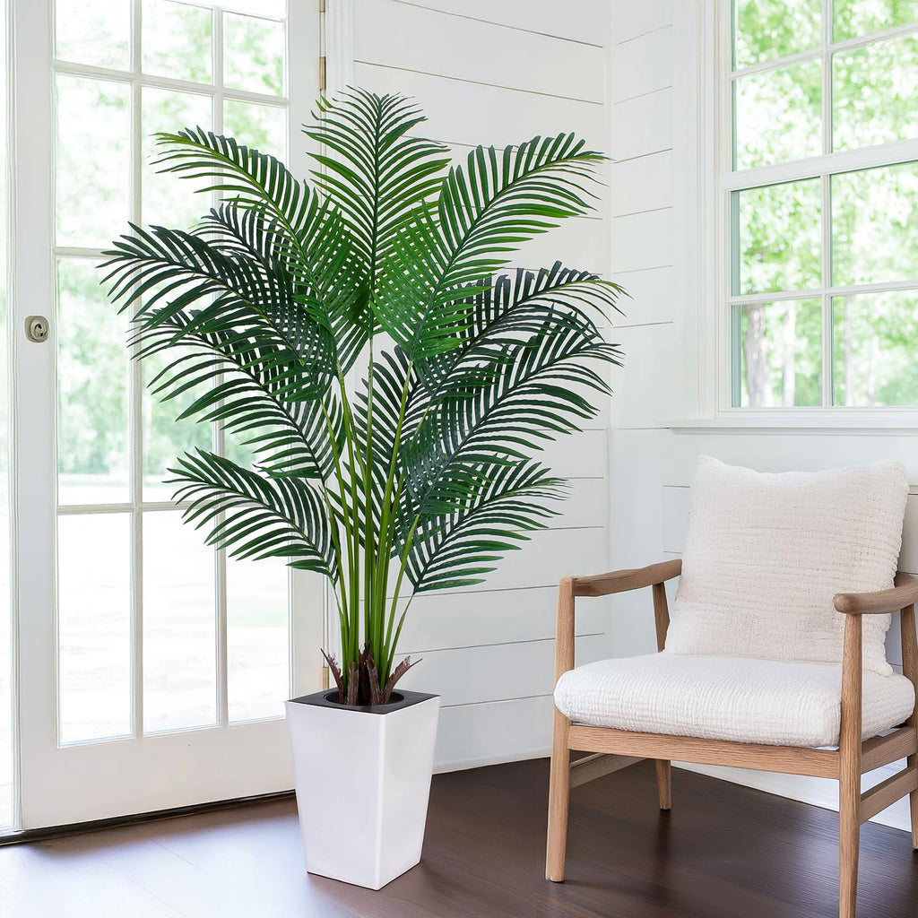Artificial Palm Tree with White Tall Planter, 5ft Tall Potted Artificial Silk Palm Tree Plant, Fake Tropical Plant
