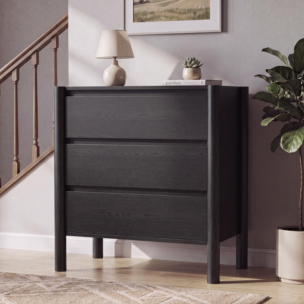 27.6" Wide Black 3 Drawer Dresser with Solid Wood Legs