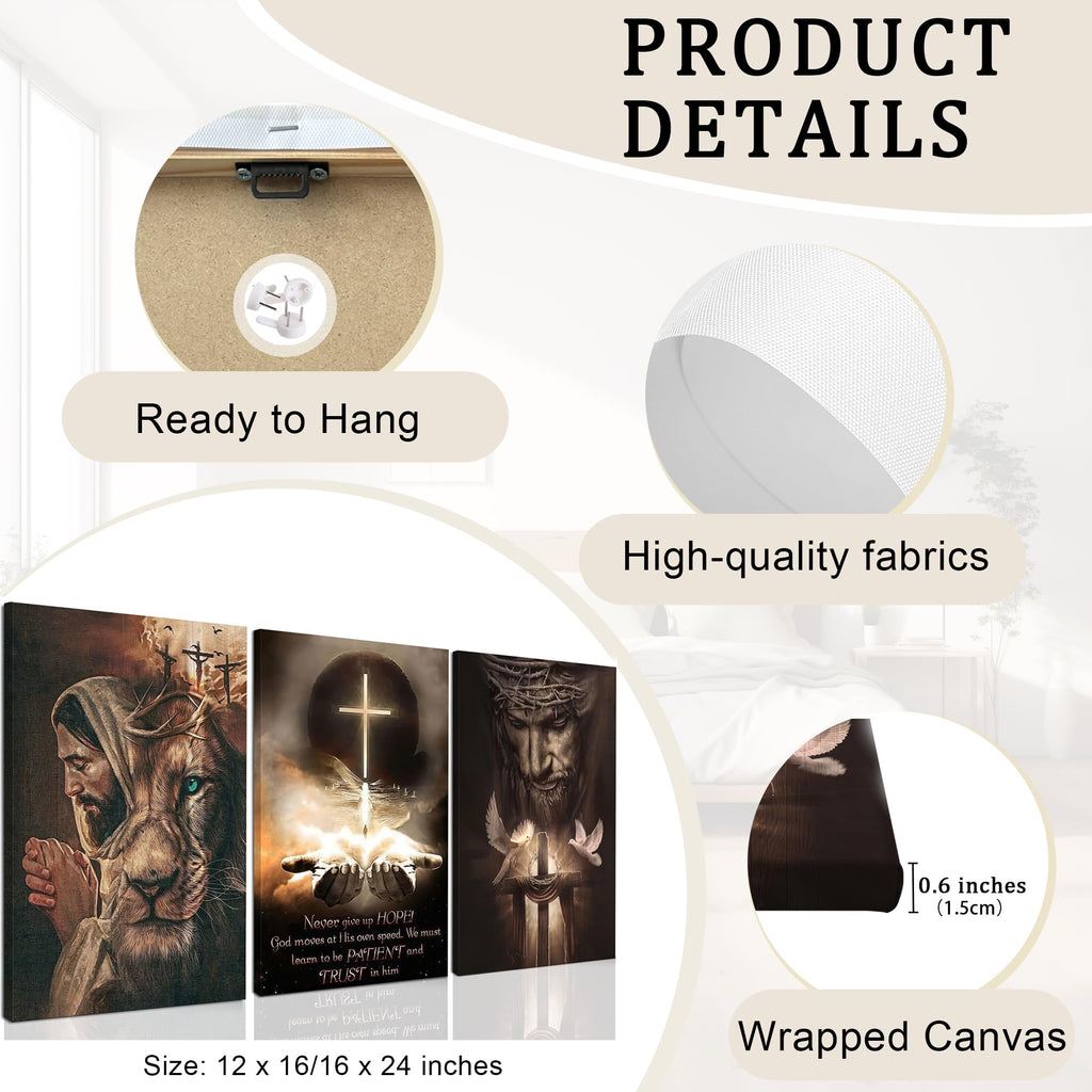 3Pcs Jesus Wall Art, Christian Wall Decor for Biblical Room, Unframed Canvas Painting Prints, Religious Art Posters