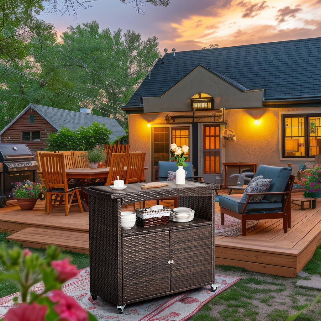 Outdoor Storage Cabinet,Outdoor Cabinet Outdoor Bar Cart with Rolling Heels Patio Bar Table with Storage Wicker