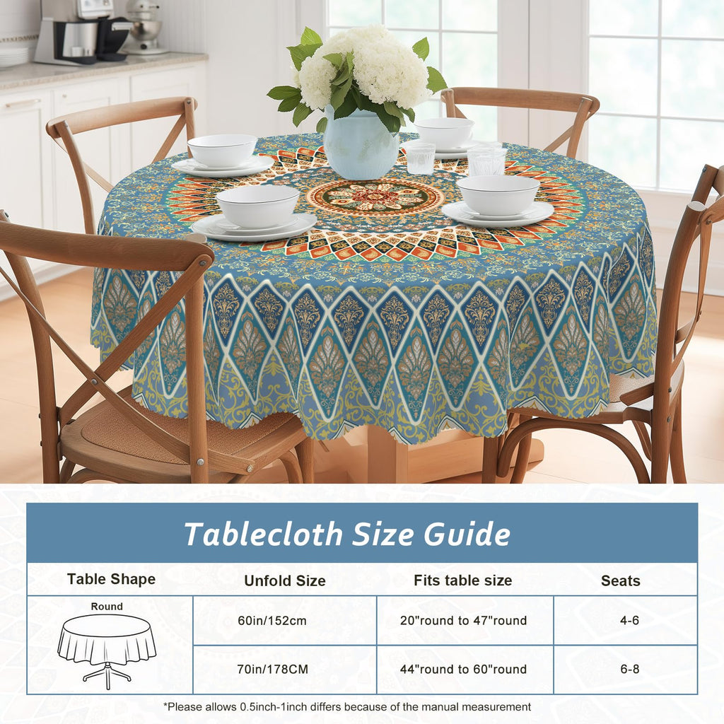 Boho Round Tablecloth 70In Wrinkle and Stain Resistant Table Cover