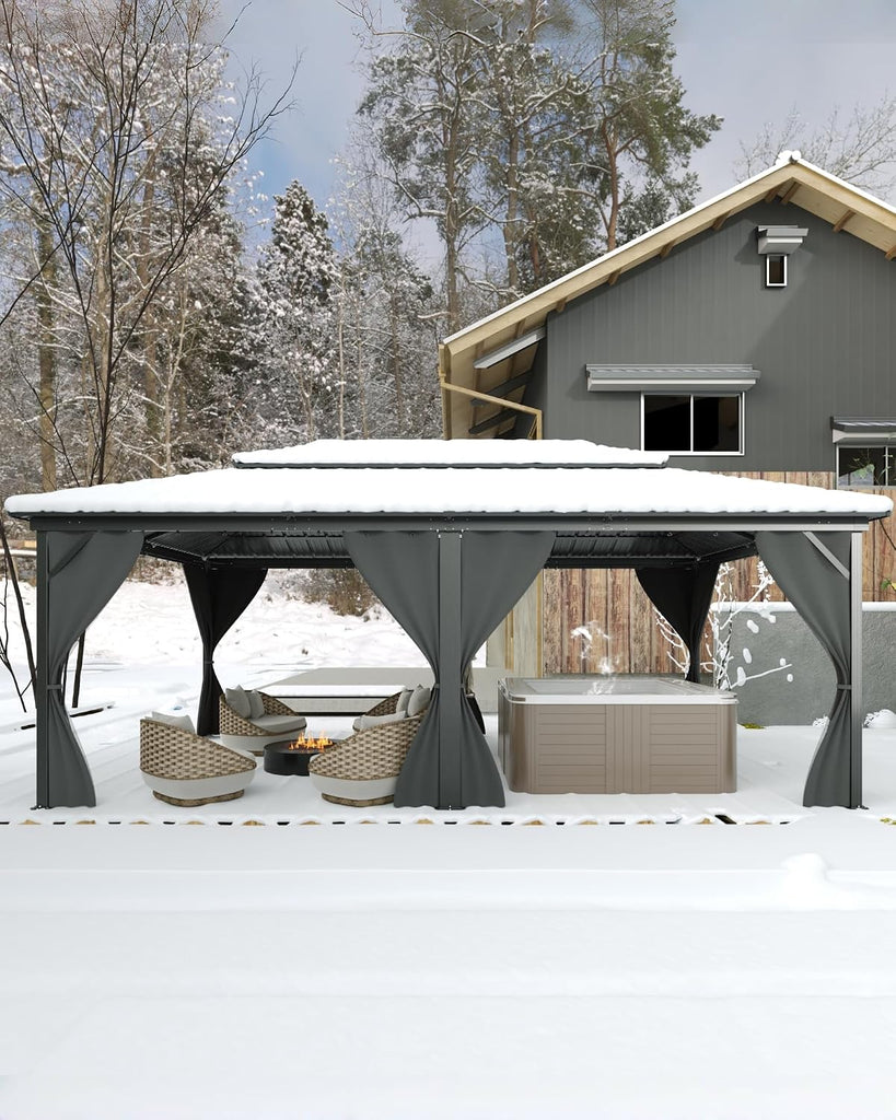 Hardtop Gazebo 12 ft x20 ft for All Weather, with Double Metal Roof, Net, and Curtain, Permanent Building and Garden