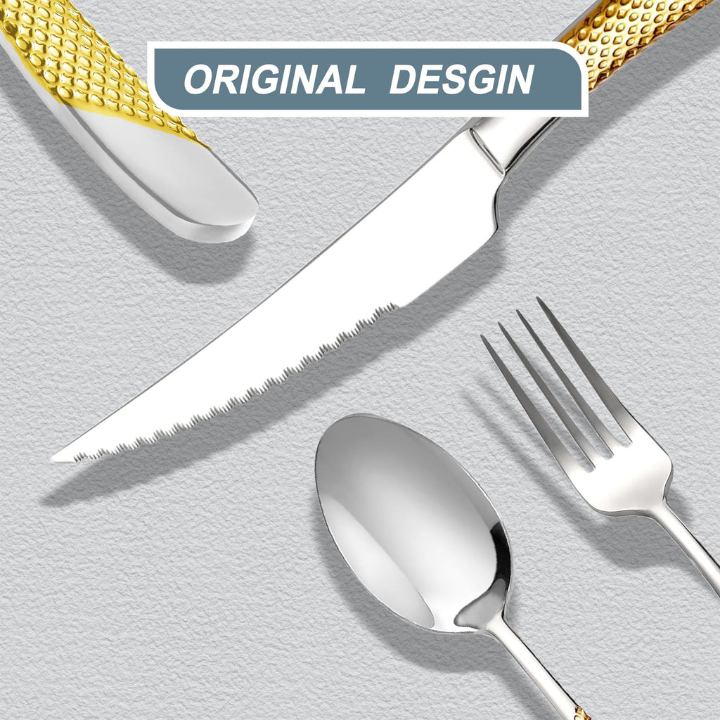 Hammered Gold Silver Stainless Steel 20-Piece Modern Flatware Set
