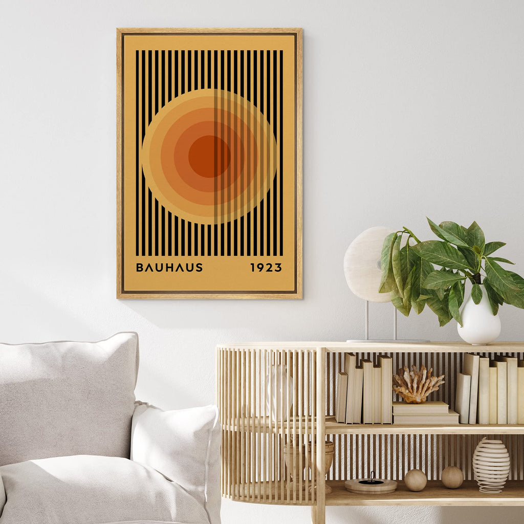 Framed Canvas Print Wall Art Mid-Century Bauhaus Multicolor Orange Circle Shapes Abstract Illustrations Modern Art