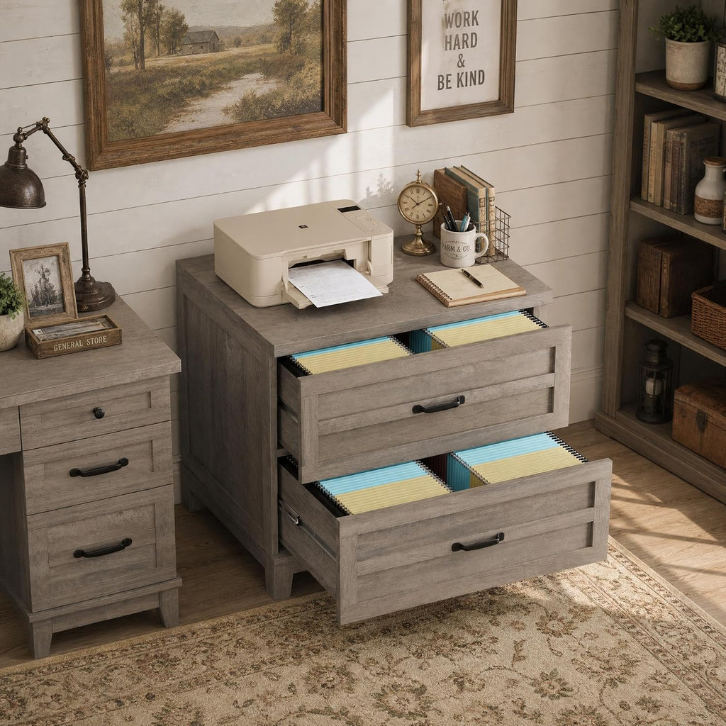 2 Drawer Farmhouse Lateral File Cabinet , Deep Filing Drawers Fit Legal Letter & A4 Hanging Files, Wide Storage