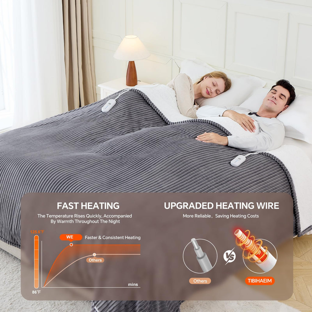 Electric Blanket Queen Size, Dual Control, ETL Certified, Grey