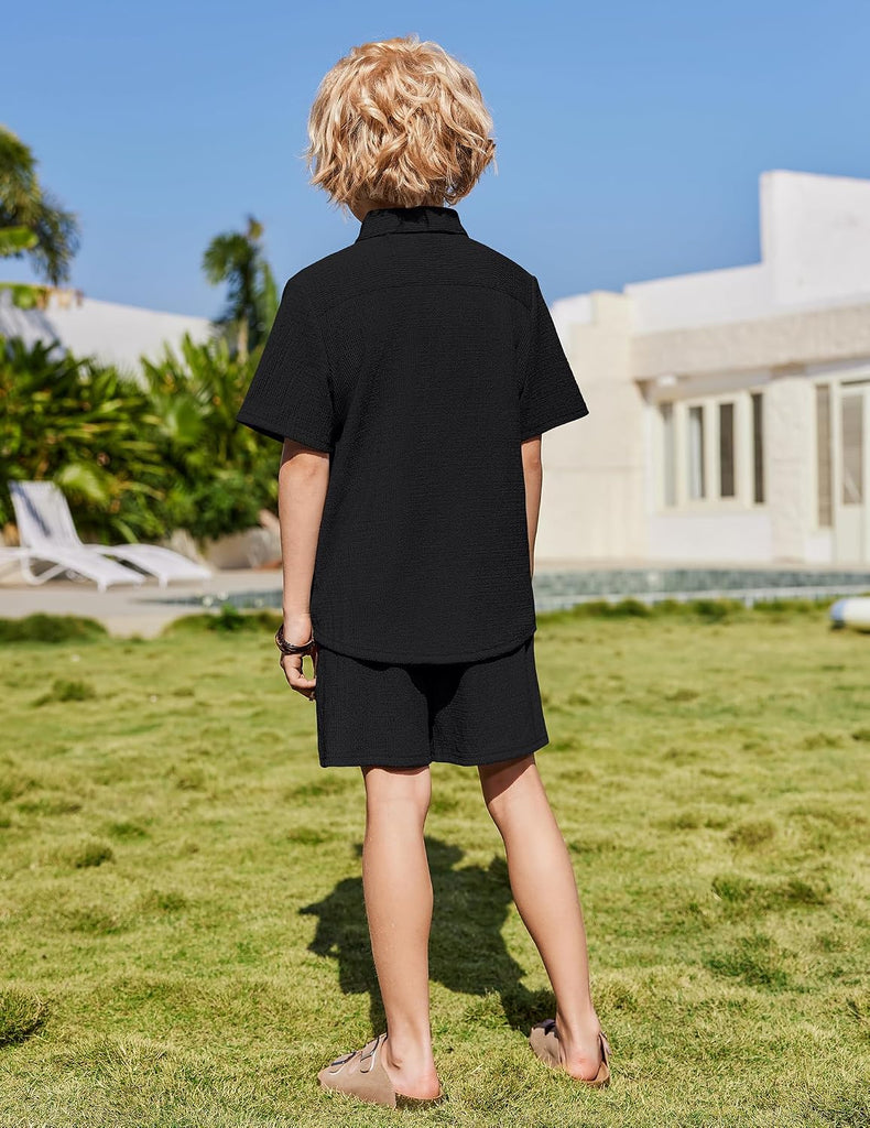 Boys 2 Pieces Summer Outfits Short Sleeve Button Down Shirts and Shorts Sets for Kids Vacation Beach Wear