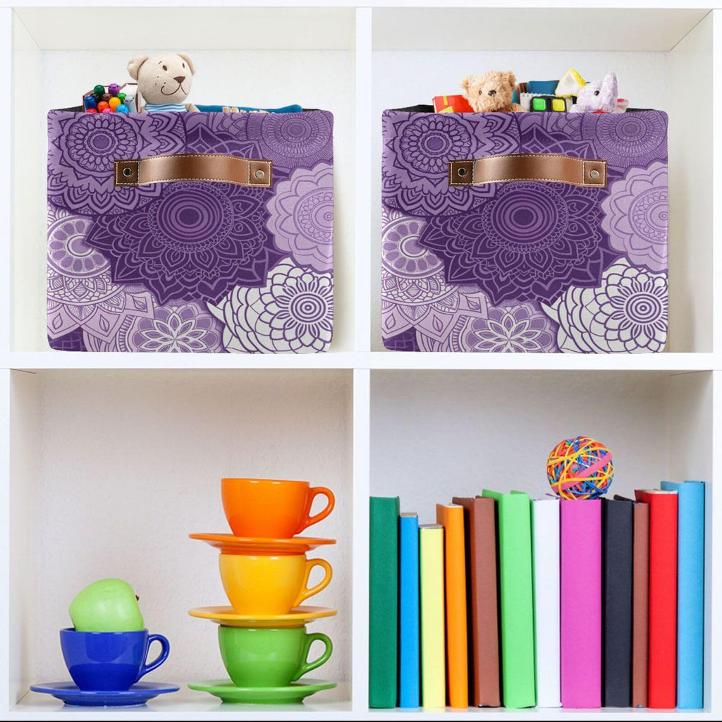 Large Storage Basket Bin Purple Mandala Boho Storage Cube Box Foldable Canvas Fabric Collapsible Organizer with