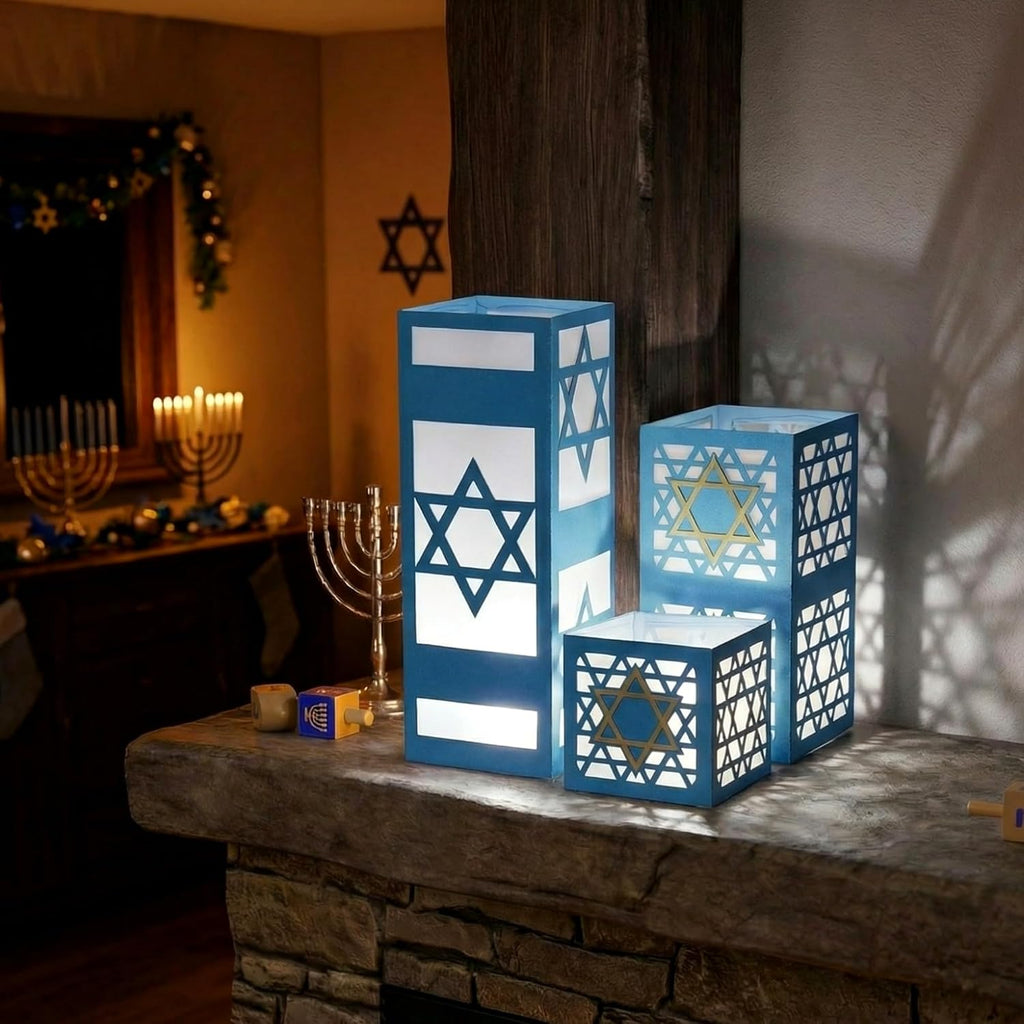 Sets Hanukkah Table Decorations 3 Size Hanukkah Lantern Boxes Centerpieces with LED Candles Dreidel Star David - Set of 12