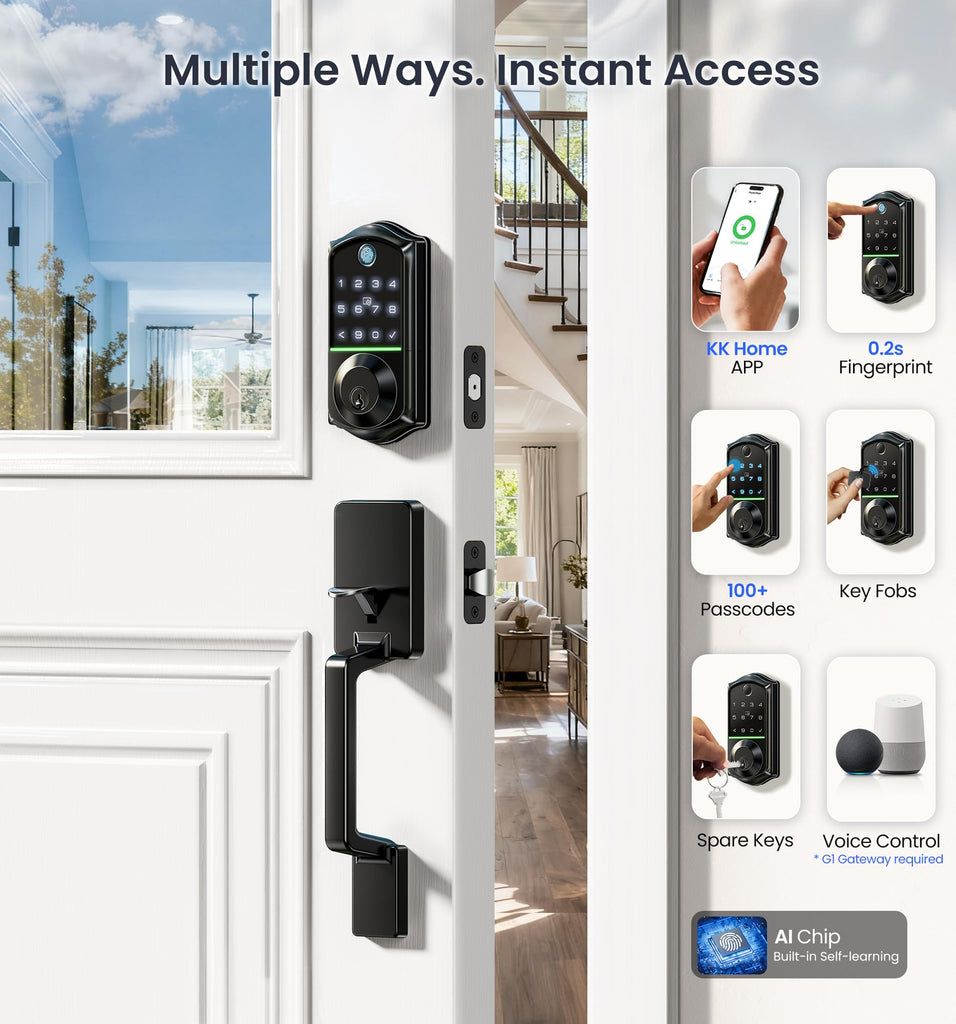 Fingerprint Smart Front Door Lock Set, Matte Black