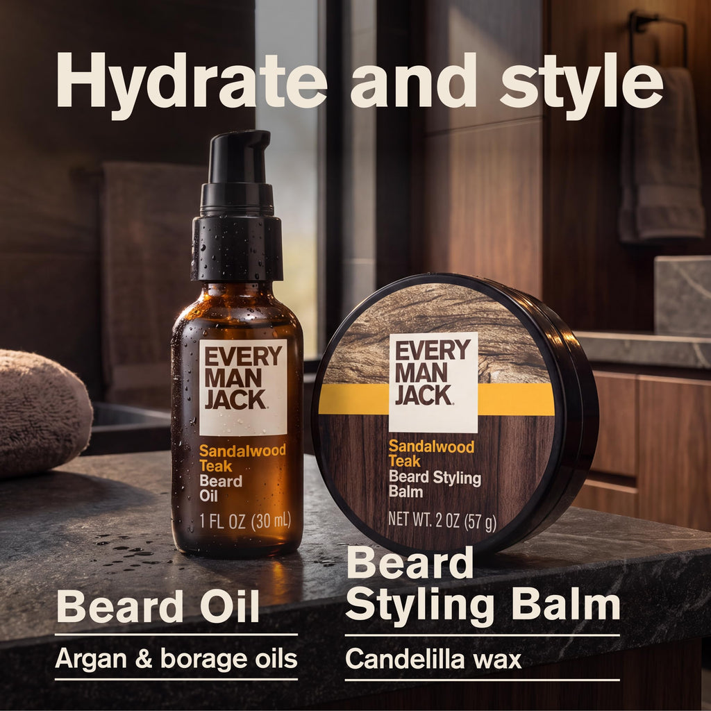 Essential Beard Care Kit for Men, Sandalwood Teak, Gift Set