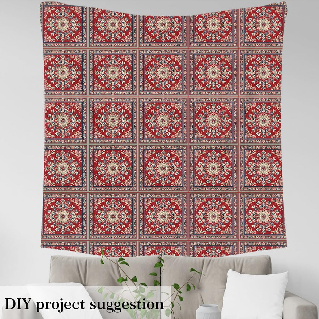 Boho Floral Fabric By The Yard, Retro Flower Grid Upholstery Fabric, Tribal Fashion Bohemian Tribal Red Green