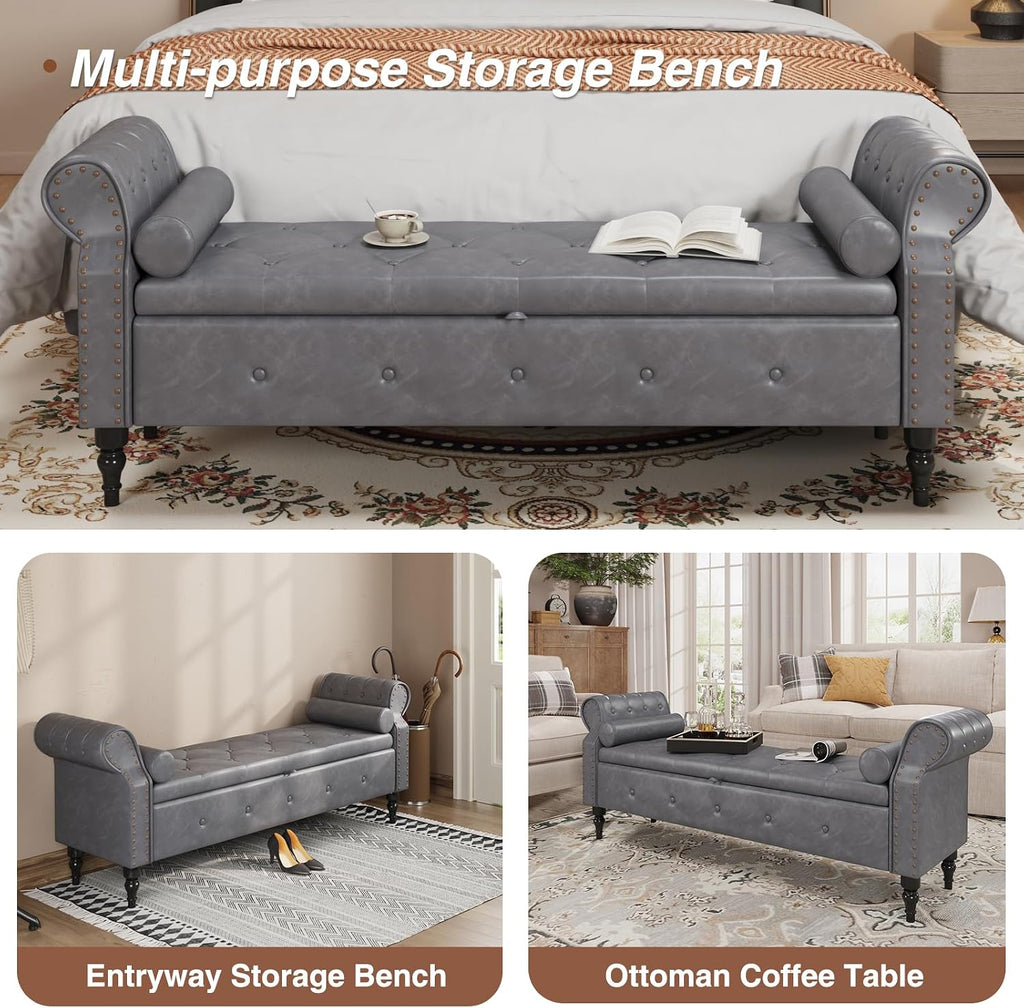 65 Inch End of Bed Storage Bench ,King Size Bed | Large Upholstered Benches for Foot of Bed,Storage Chest with Rolled