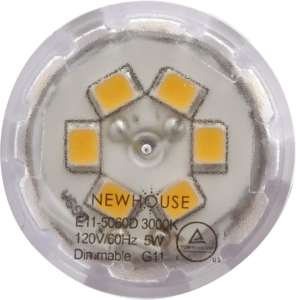 5W (60W Equiv.) E11 Base LED Halogen Replacement Bulb, Mini-Candelabra, 120V, 3000K, 450 Lumens, Dimmable, 4-Pack