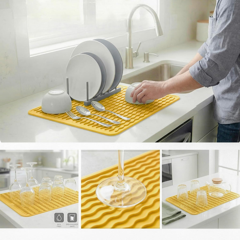 Silicone Dish Drying Mat - Quick-Dry Ridges Counter & Sink Pad, Heat-Resistant Trivet to 450°F, Non-Slip & Dishwasher