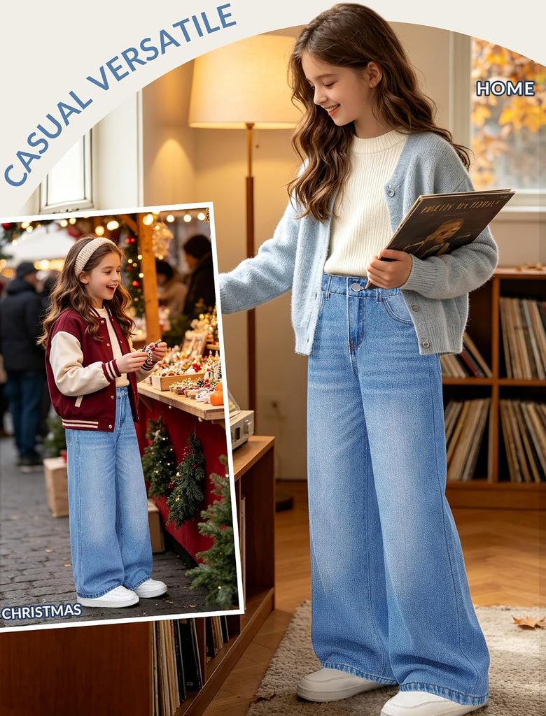 Girls Baggy Jeans Wide Straight Leg High Elastic Waisted Denim Pants Fashion Y2k Boyfriend Skater Streetwear