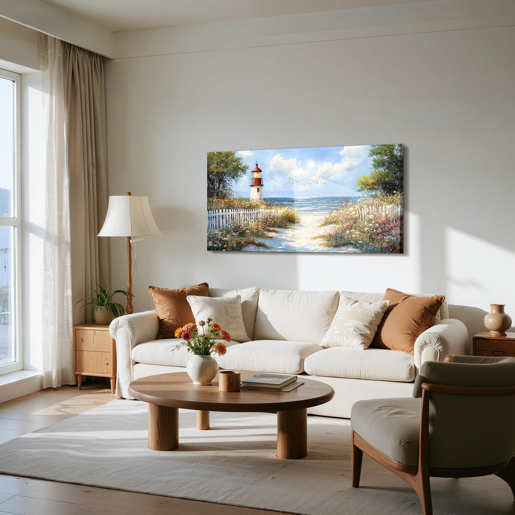Beach Lighthouse Wall Art, Seaside Wildflower Art Prints 20"x40"