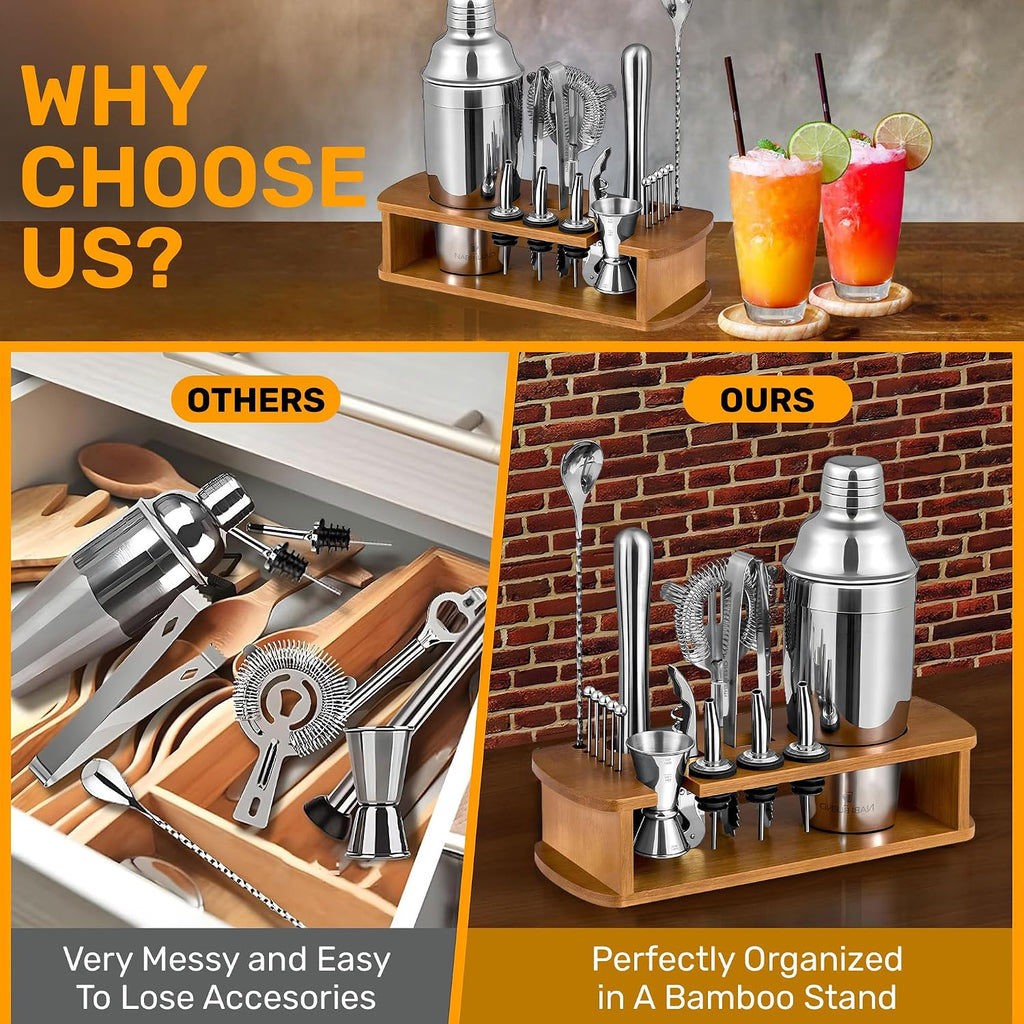 Bartender Kit with Bamboo Stand | Cocktail Shaker Set Essential Bar Tools Wine Shaker Ice Filter Mixing - Set of 16