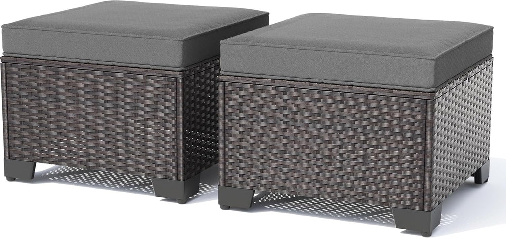 Outdoor Ottoman Set of 2,Footstool with Thickened Cushion,Grey | All-Weather PE Rattan,Removeable Thick