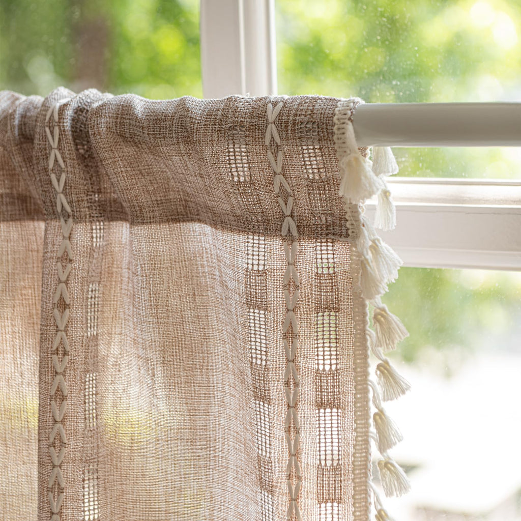 Boho Valance Kitchen Short Curtain with Tassel, Textured Striped Drape Tier Embroidered Shabby Chic Linen Coffee