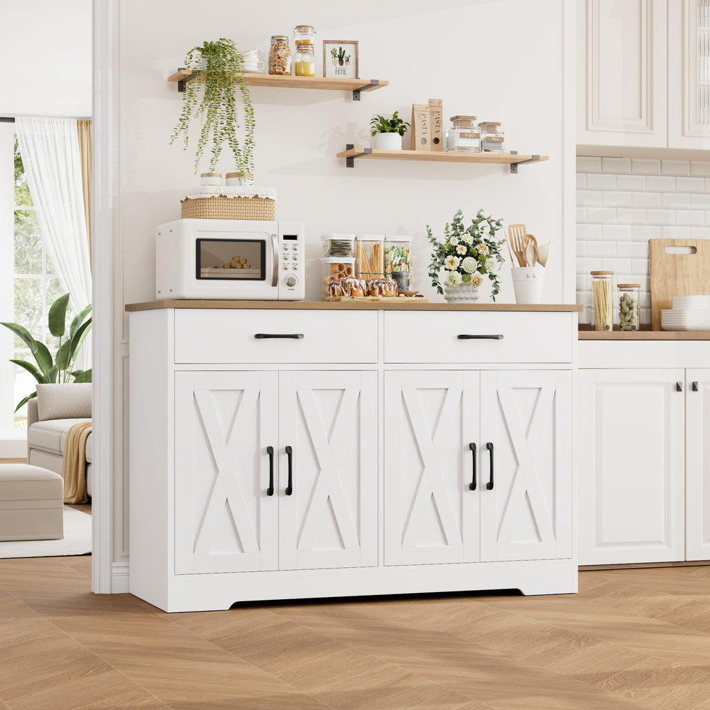 47" W Kitchen Sideboard Buffet Cabinet with Storage Drawers, White