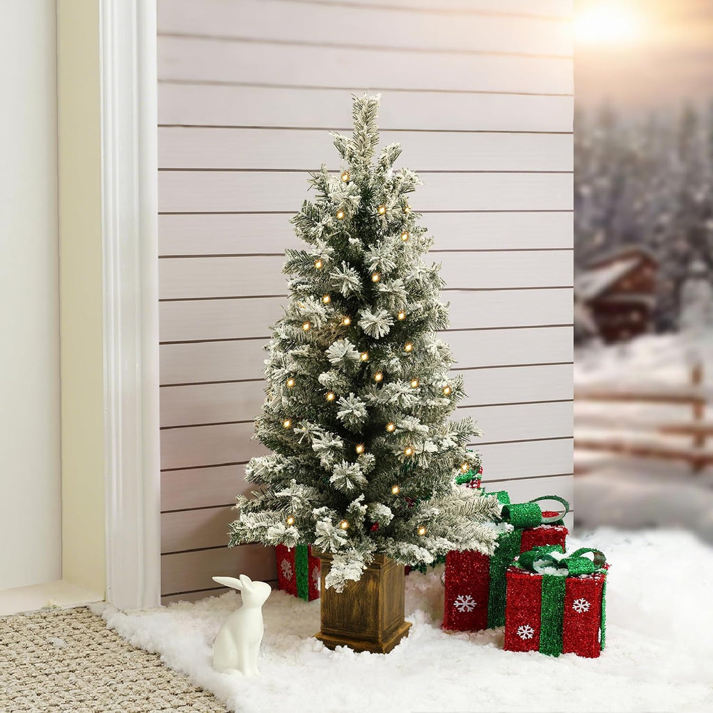 LuxenHome 4FT Prelit Flocked Potted Christmas Tree, Lighted Pencil Tree