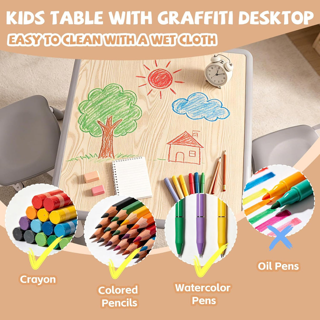Toddler Table and Chair Set, Graffiti Tabletop, 2 Chairs, Grey