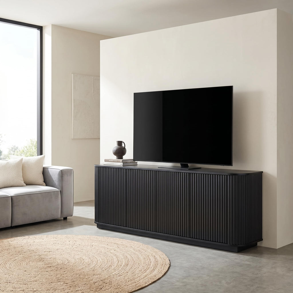Fluted TV Stand for TVs Up to 75 Inch, Black Mid Century Modern TV Console, Entertainment Center with Storage, Wood