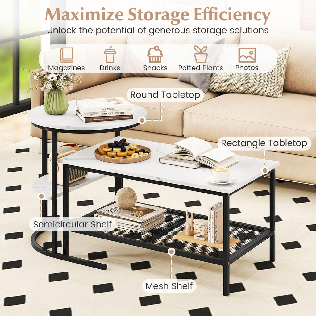 Nesting Coffee Set of 2, 2 PCS Nesting Tables with Faux Marble Top and Extra Storage Shelf, Modern Round End &