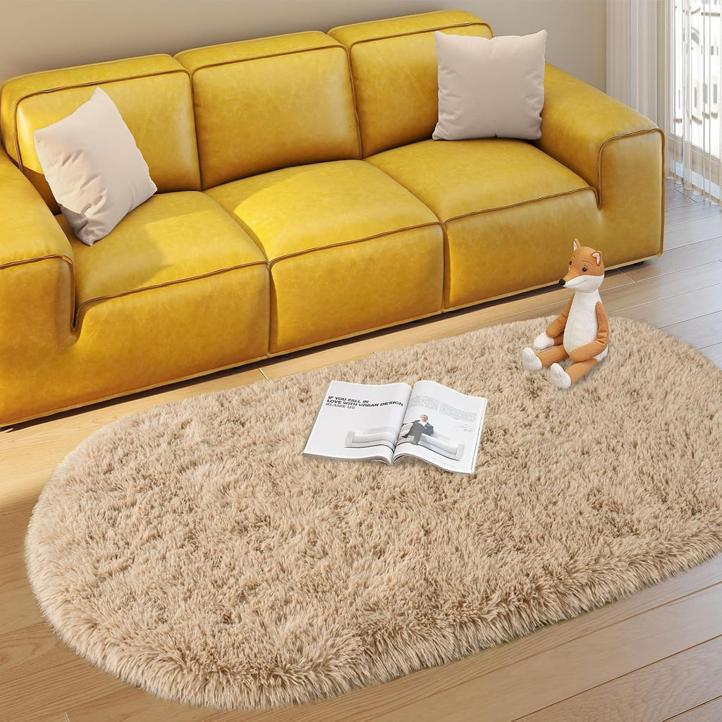 Soft Oval Beige Fluffy Rugs Washable Non-Slip, Set of 2